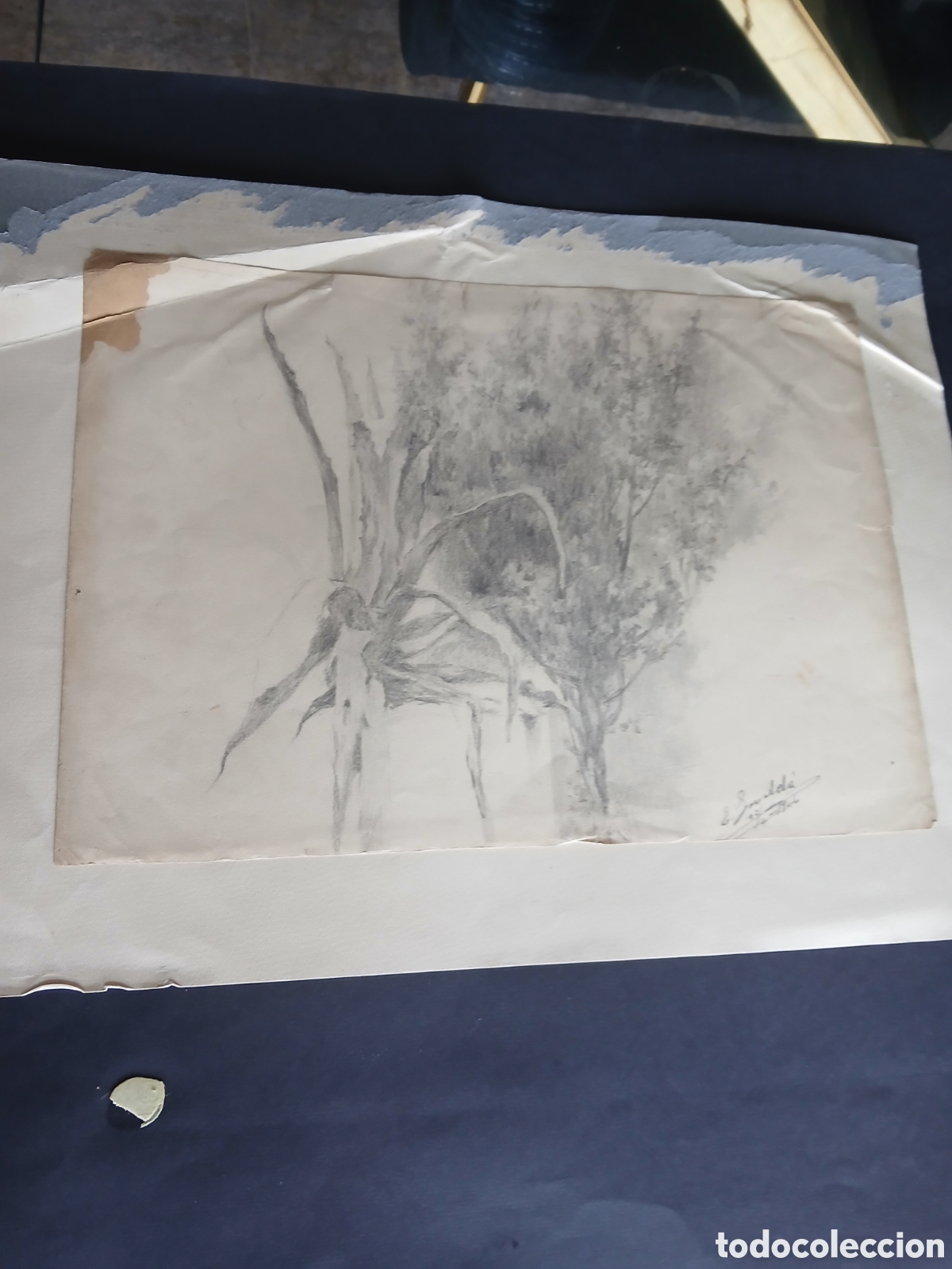 Arte: Dibujo antiguo pintado por las dos partes firmado sin identificar