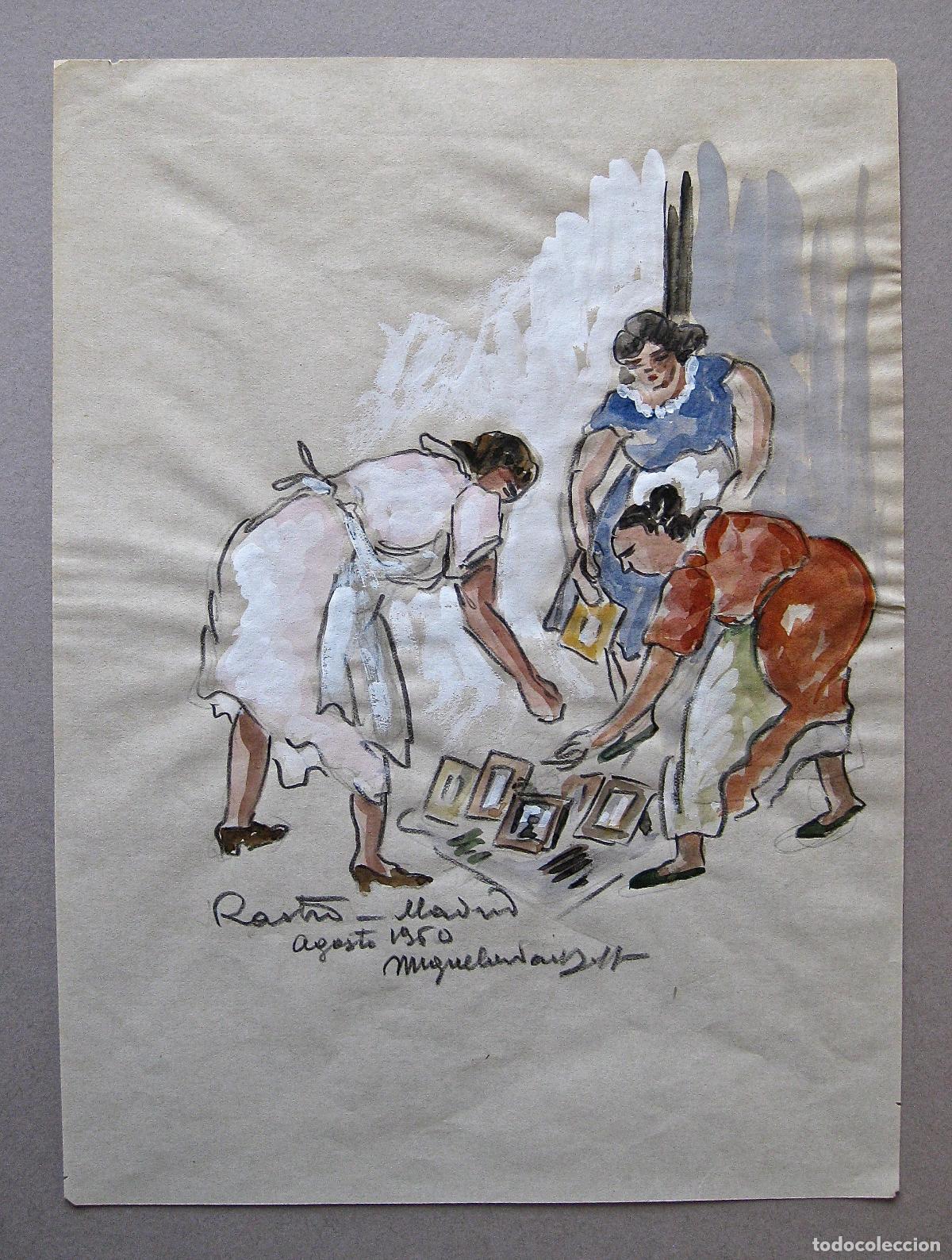 Arte: MIGUEL OURVANTZOFF * DIBUJO ACUARELA GOUACHE ORIGINAL * RASTRO DE MADRID * 1950