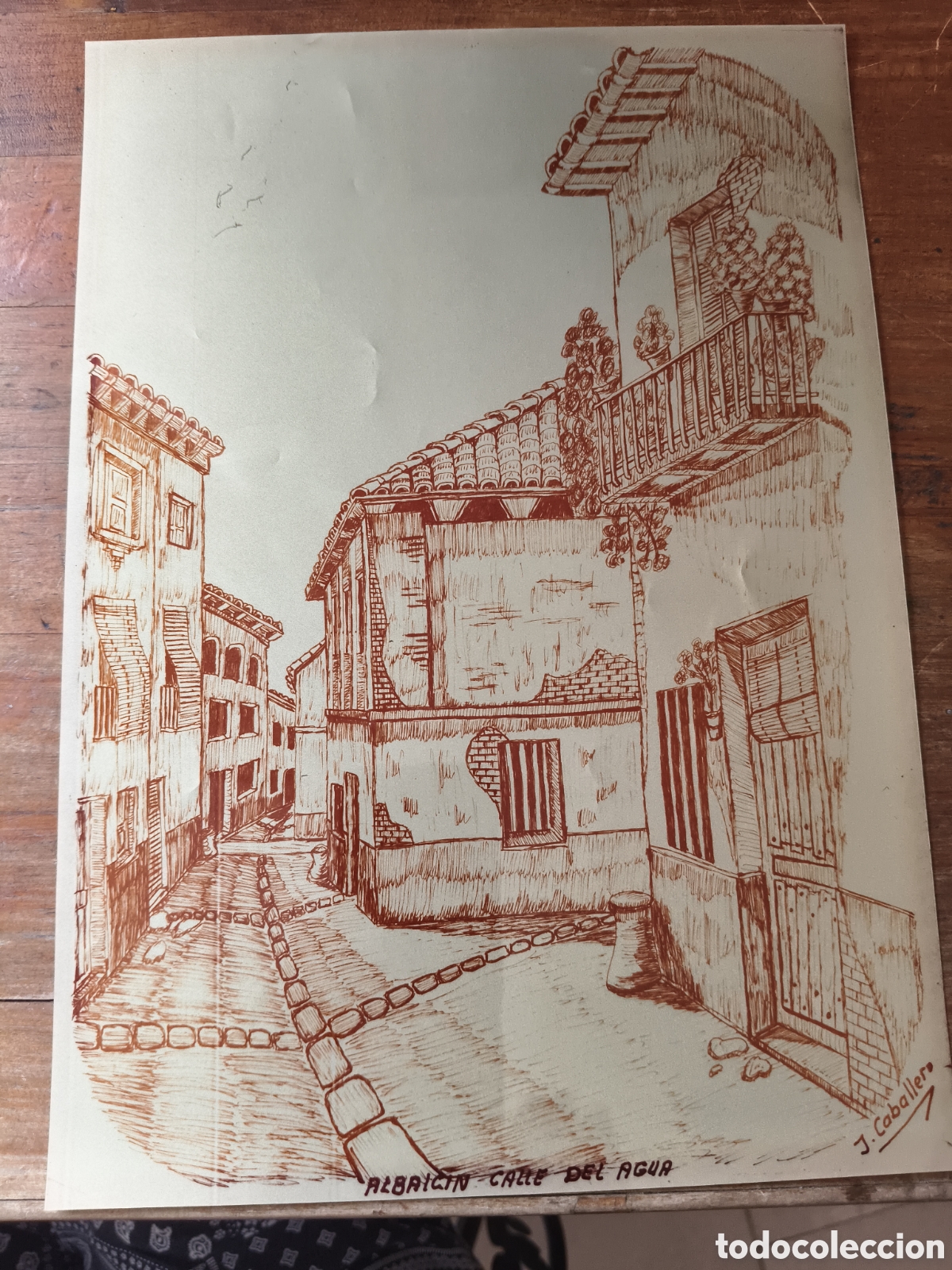 Arte: Dibujo sobre acetato de Calle del Albaicin Teruel firmado J. Caballero