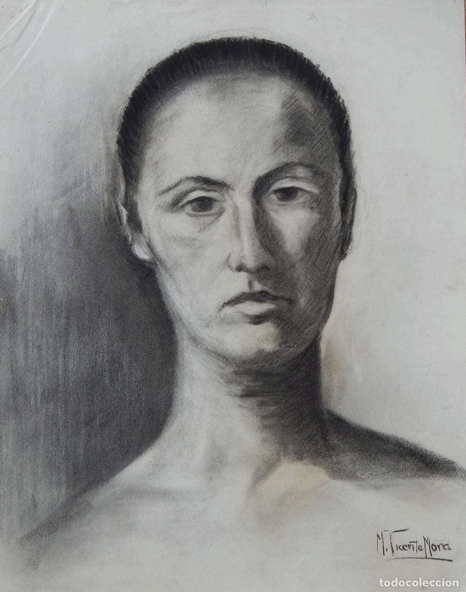 Arte: Manuel Vicente Mora. Carboncillo sobre papel. &rdquo;Retrato femenino&rdquo;. Firmado a mano. 43x34 cm.