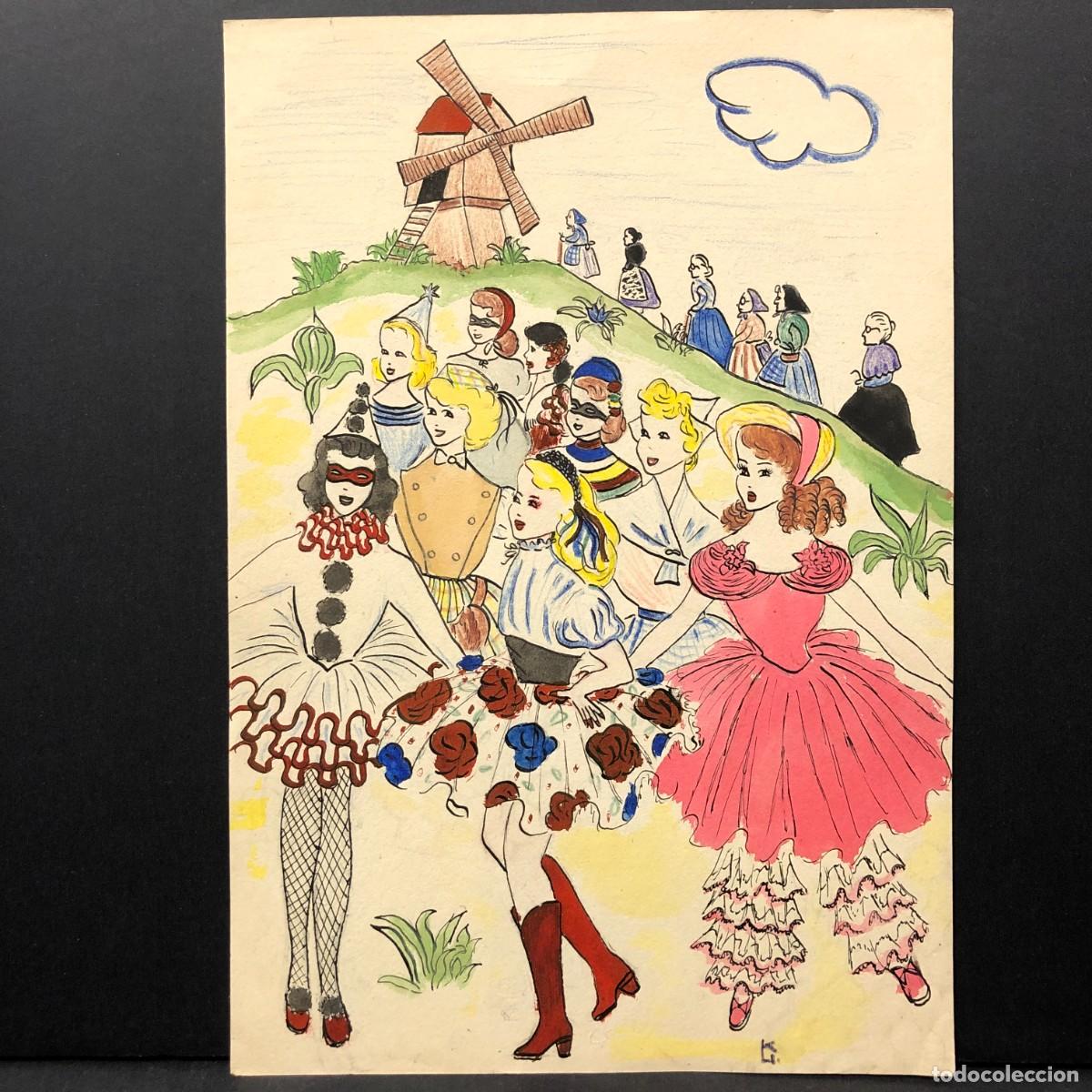 Arte: DIBUJO MODERNISTA - ILUSTRACI&Oacute;N INFNTIL - PRECIOSA ILUSTRACI&Oacute;N A PLUMILLA, LAPICES Y ACUARELA / 5254