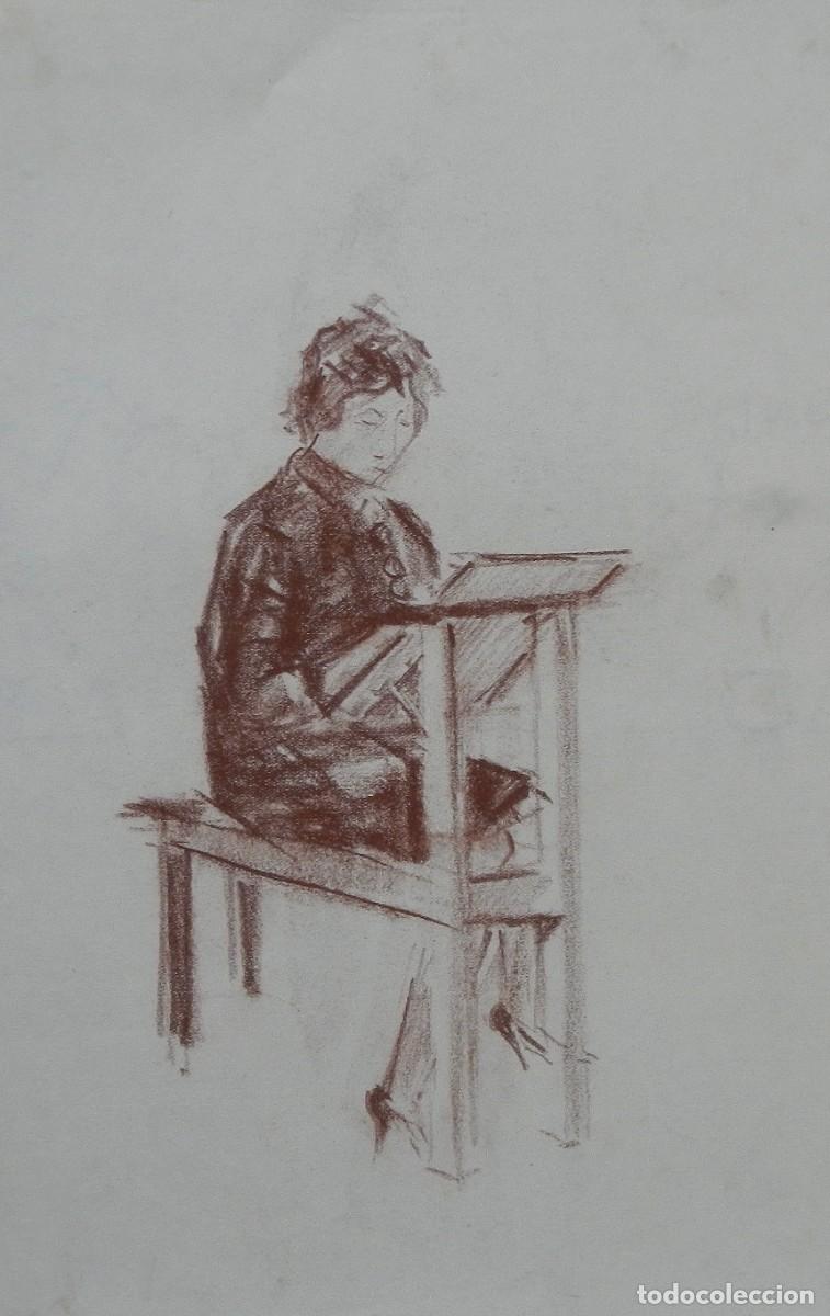 Arte: Manuel Vicente Mora. Carboncillo sobre papel. &rdquo;Pintora pintando&rdquo;. Firmado a mano. 31x22 cm.