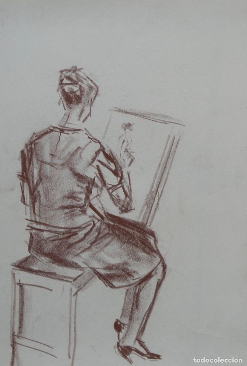 Arte: Manuel Vicente Mora. Carboncillo sobre papel. &rdquo;Pintora pintando&rdquo;. Firmado a mano. 31x22 cm.