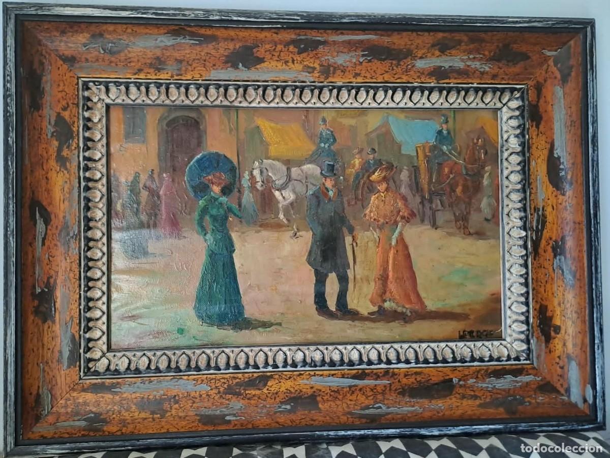 Arte: Escena Belle &Eacute;poque con carruajes &ndash; &oacute;leo firmado, s. XX
