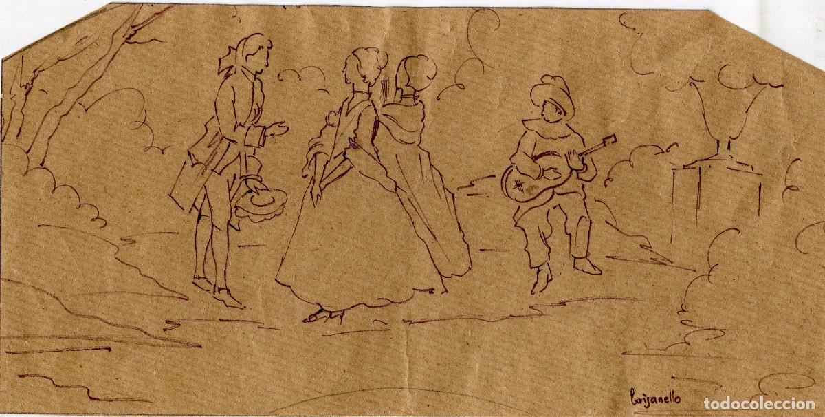 Arte: Escena galante - dibujo original antiguo a pluma - firmado Grijanello
