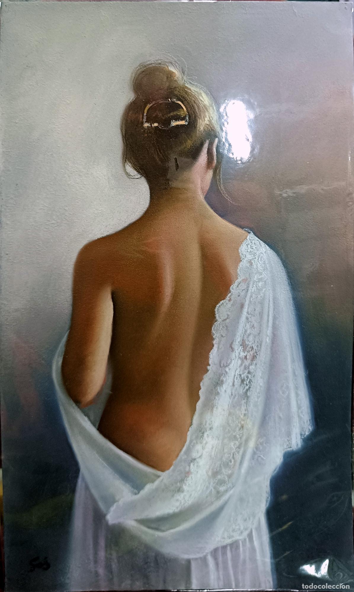 Arte: Pastel. Mujer de espaldas. Enric Montserrat Foj. 24,5 x 41 cm