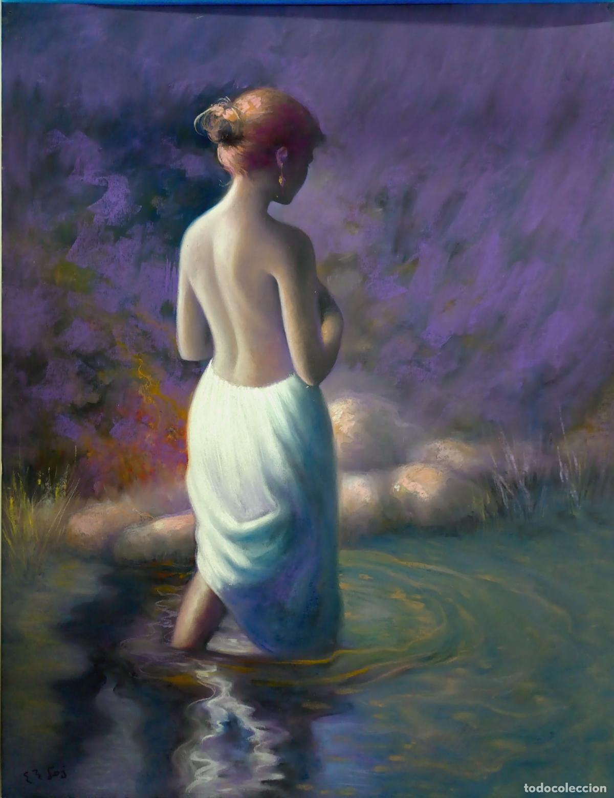 Arte: Pastel. Mujer en el agua. Enric Montserrat Foj. 50 x 65 cm