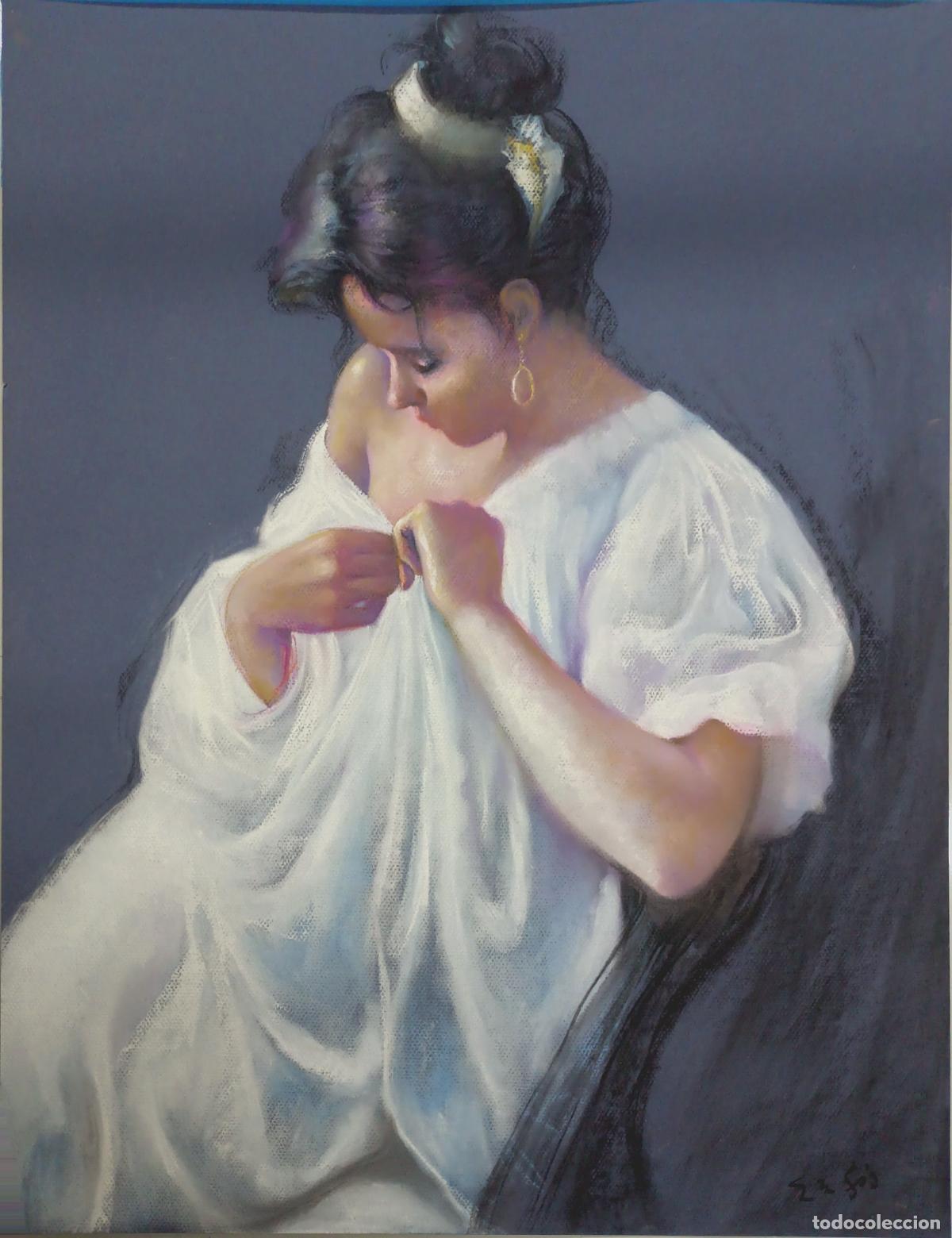 Arte: Pastel. Mujer con vestido blanco. Enric Montserrat Foj. 50 x 65 cm