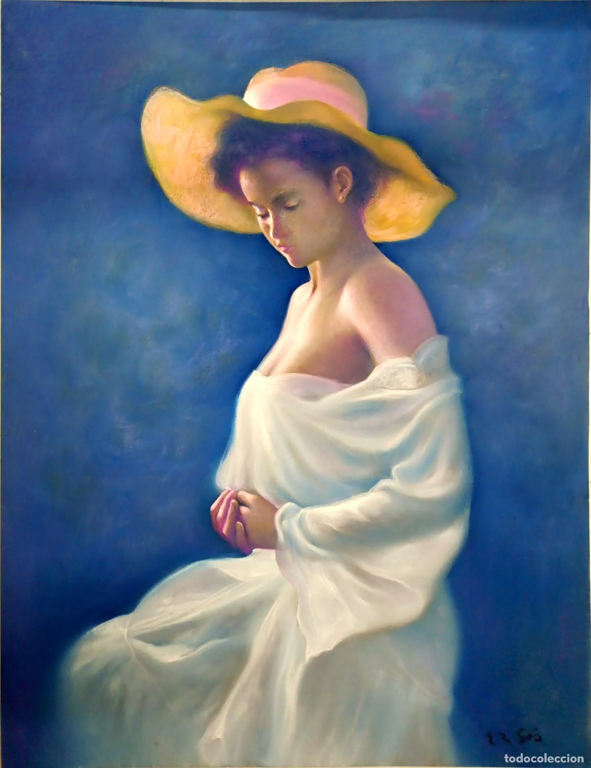 Arte: Pastel de figura femenina con sombrero. Obra de Enric Montserrat Foj. 50x65 cm