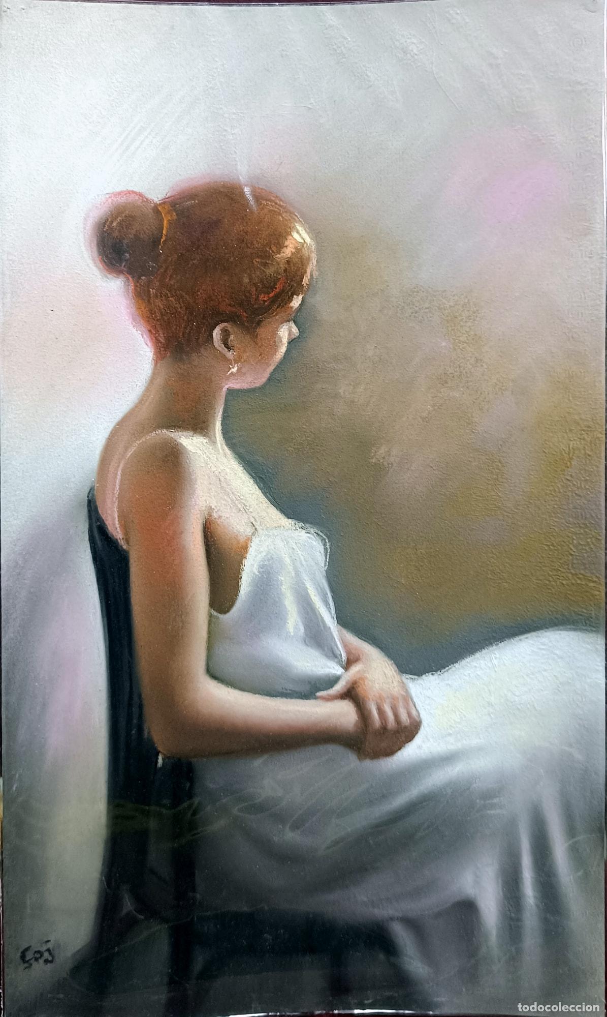 Arte: Pastel. Retrato de mujer sentada. Enric Montserrat Foj. 24,5 x 41 cm