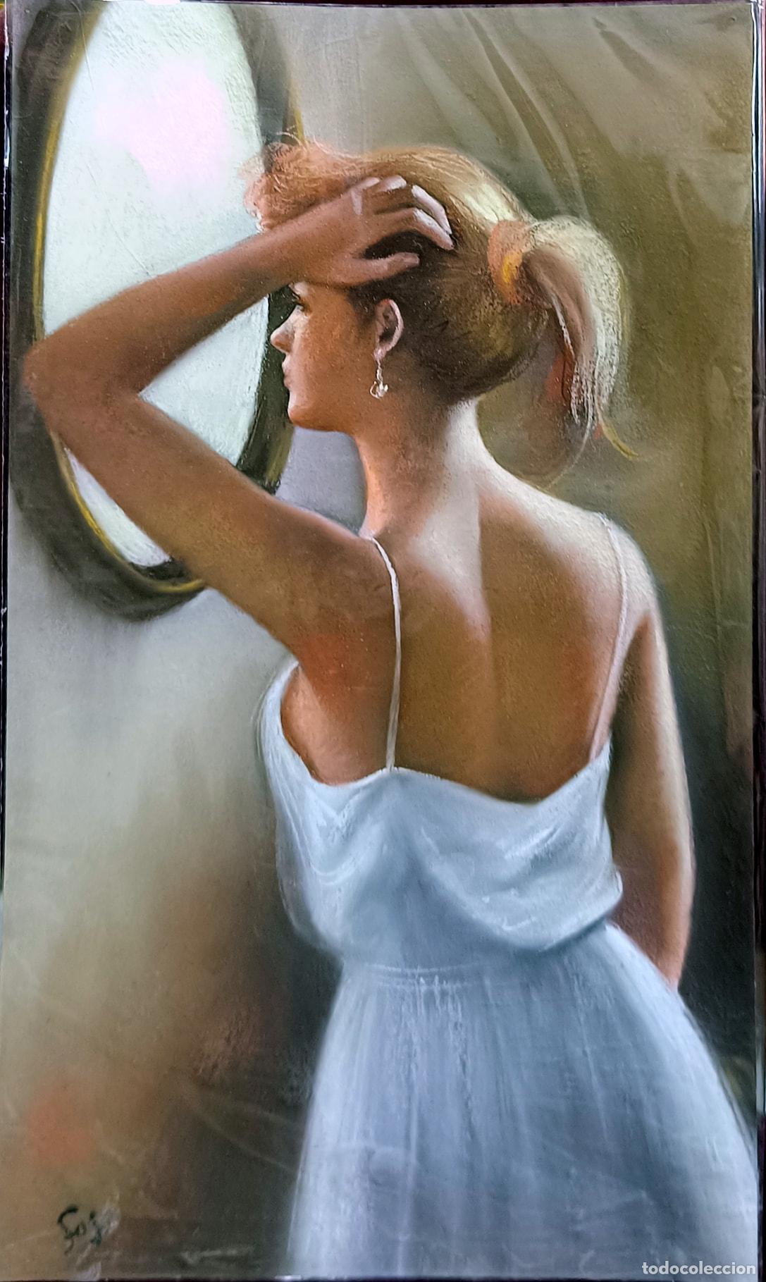 Arte: Pastel de mujer ante espejo. Enric Montserrat Foj. 24,5 x 41 cm