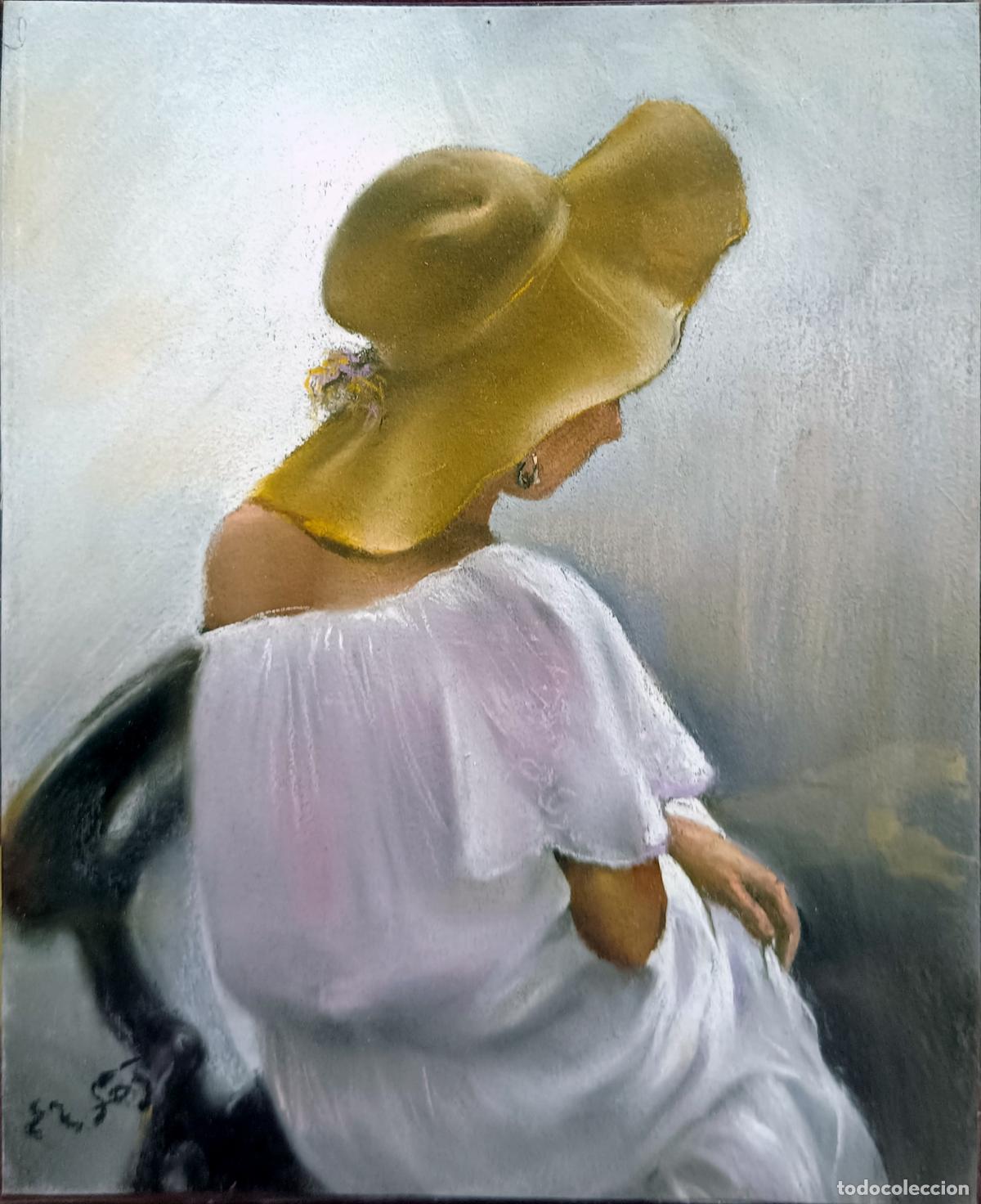 Arte: Pastel. Mujer de sombrero. Enric Montserrat Foj. 22 x 27 cm