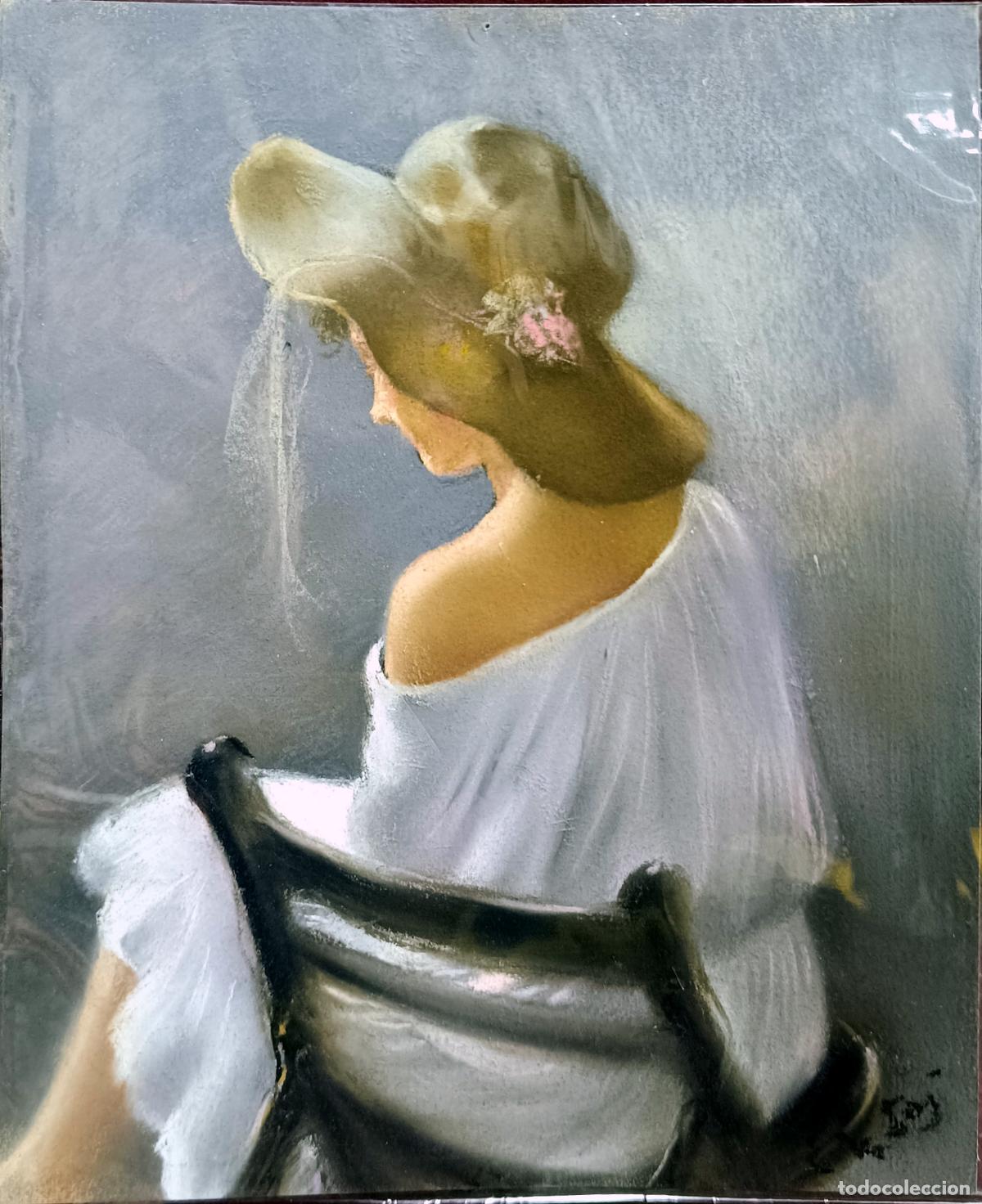 Arte: Pastel de Enric Montserrat Foj. Mujer con sombrero. 22 x 27 cm