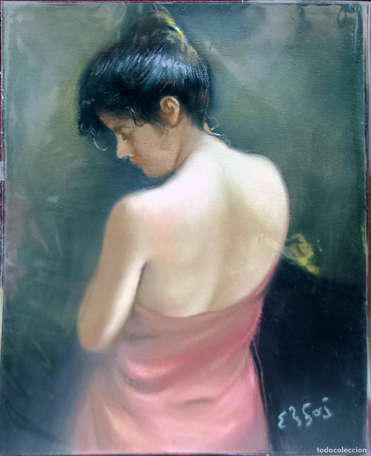 Arte: Pastel. Mujer de espaldas. Enric Montserrat Foj. 22 x 27 cm