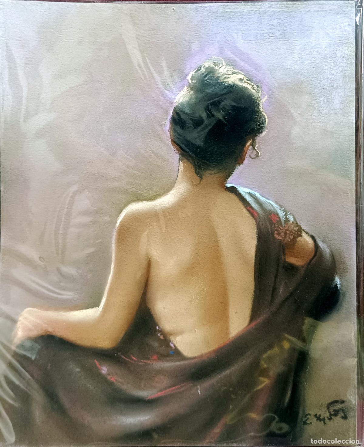 Arte: Pastel. Mujer de espaldas. Enric Montserrat Foj. 22x27 cm