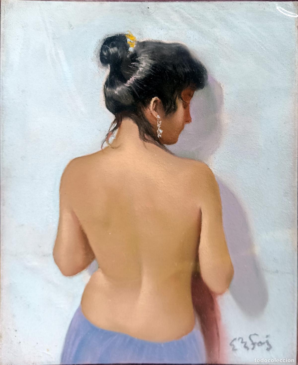 Arte: Pastel de Enric Montserrat Foj. Retrato de mujer de espaldas. 22x27 cm