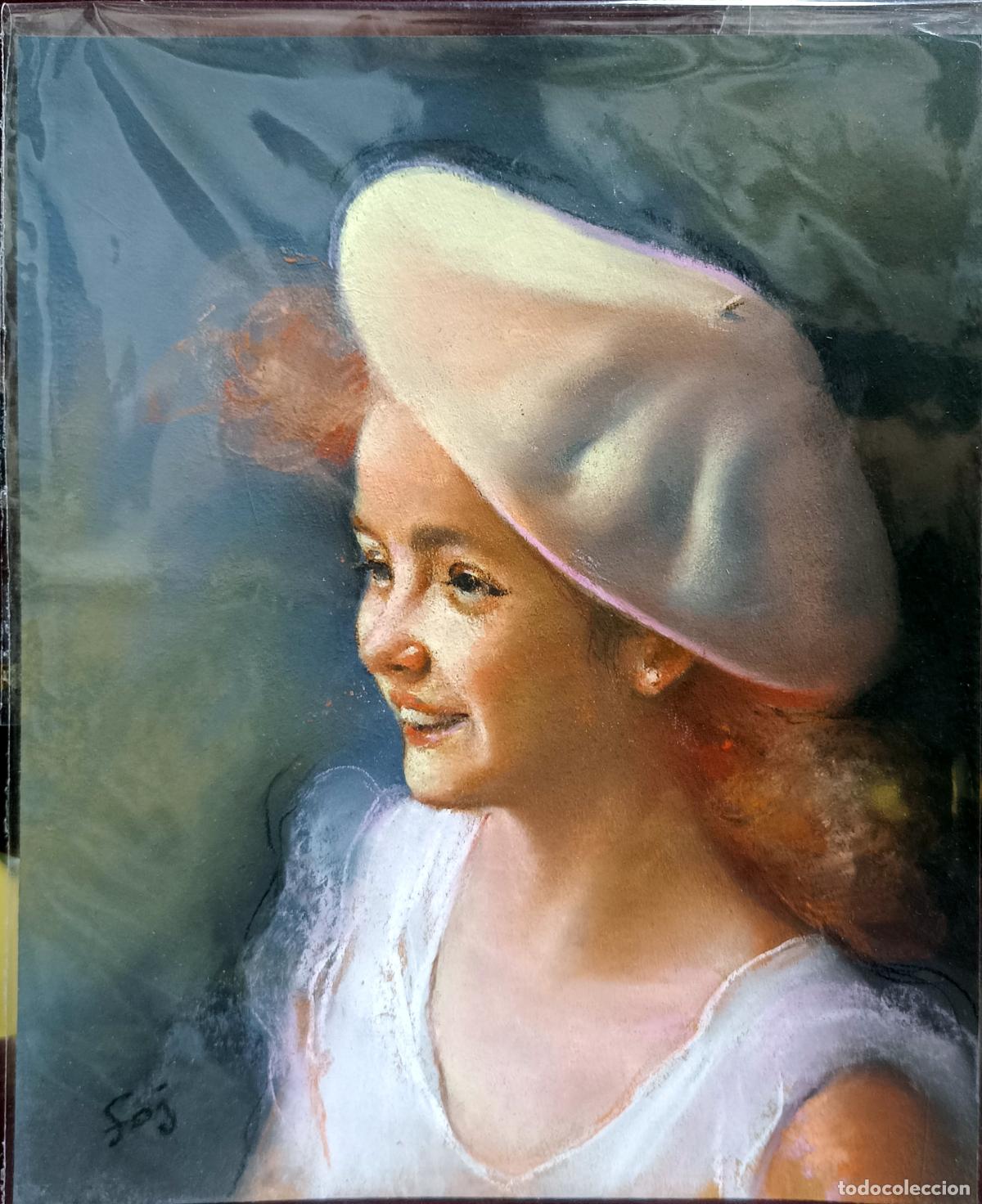Arte: Pastel. Retrato de mujer con sombrero. Enric Montserrat Foj. 22x27 cm