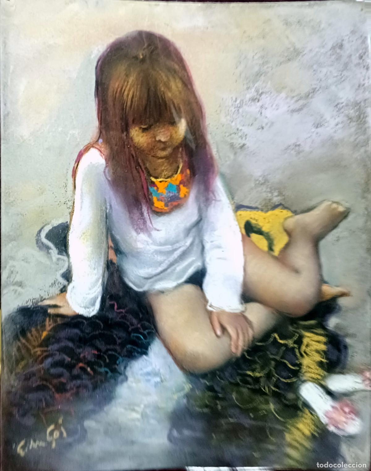Arte: Pastel de Enric Montserrat Foj. Ni&ntilde;a sentada. 26 x 33 cm