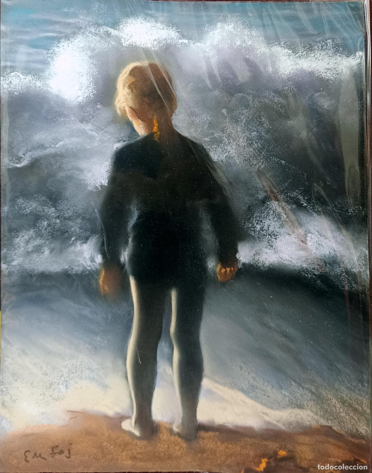 Arte: Pastel de Enric Montserrat Foj. Ni&ntilde;a ante el mar. 26x33