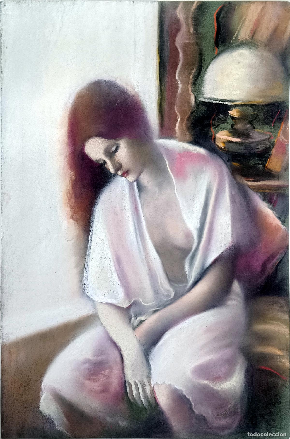 Arte: Pastel de Enric Montserrat Foj. Mujer recostada con l&aacute;mpara. 33 x 50 cm