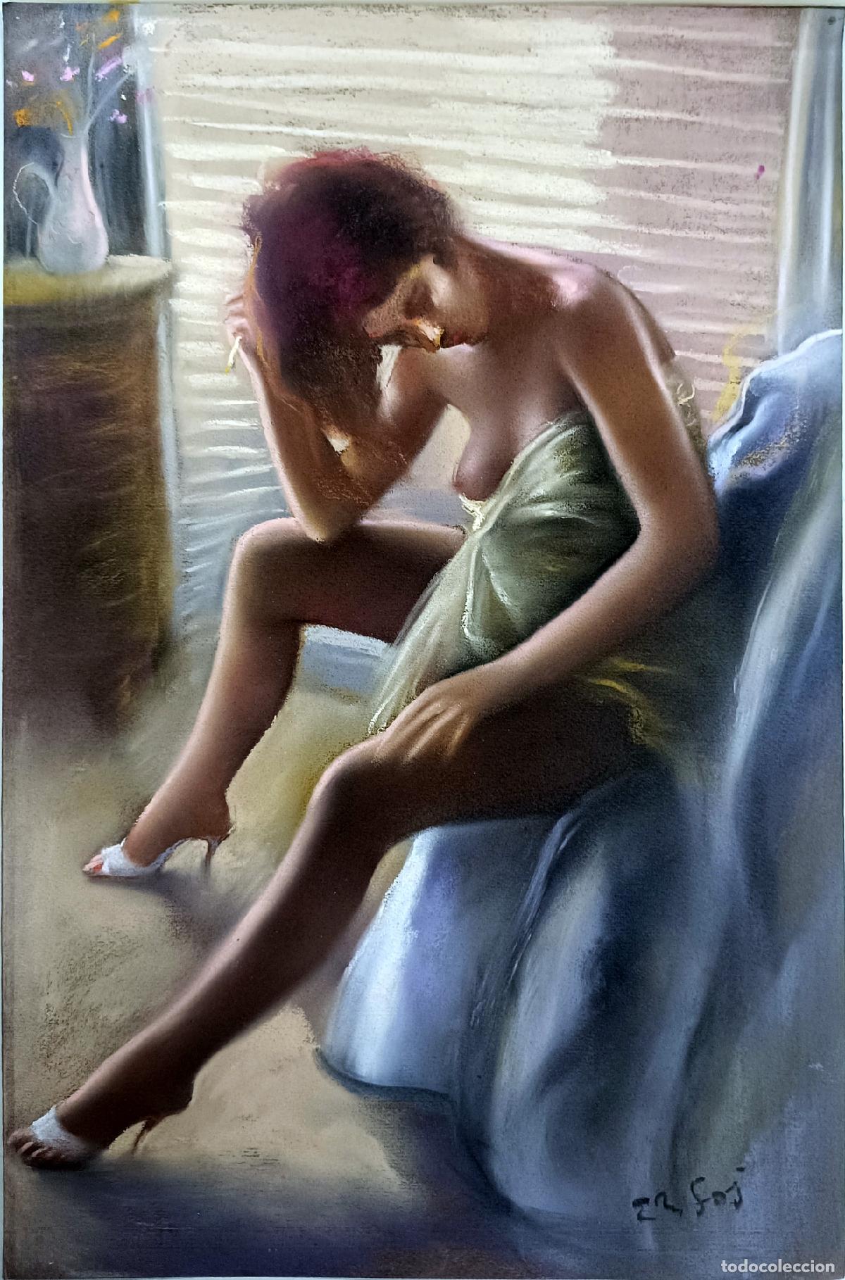 Arte: Pastel de Enric Montserrat Foj. Mujer sentada. 33 x 50 cm