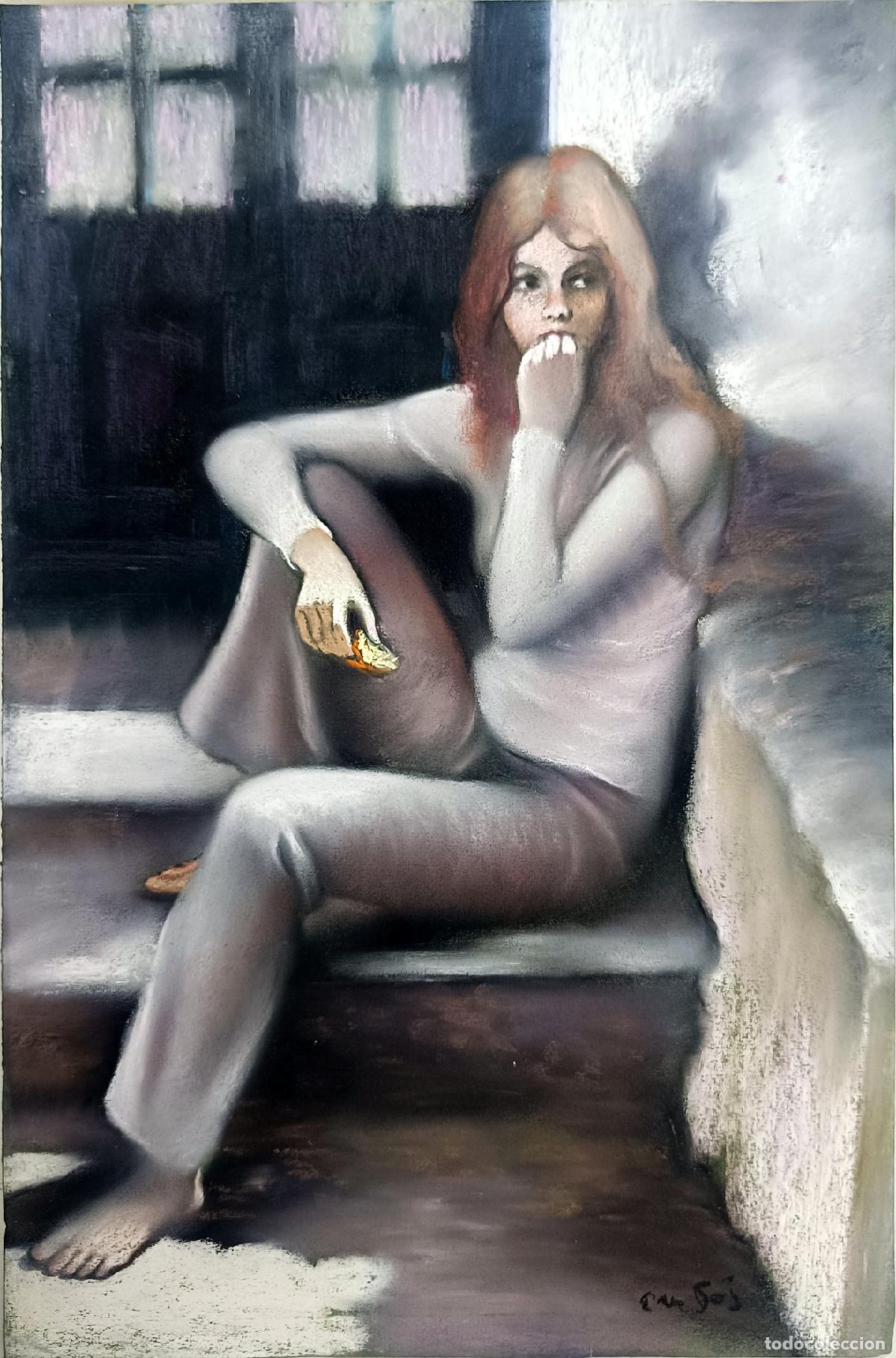 Arte: Pastel de figura femenina de Enric Montserrat Foj. 33 x 50 cm