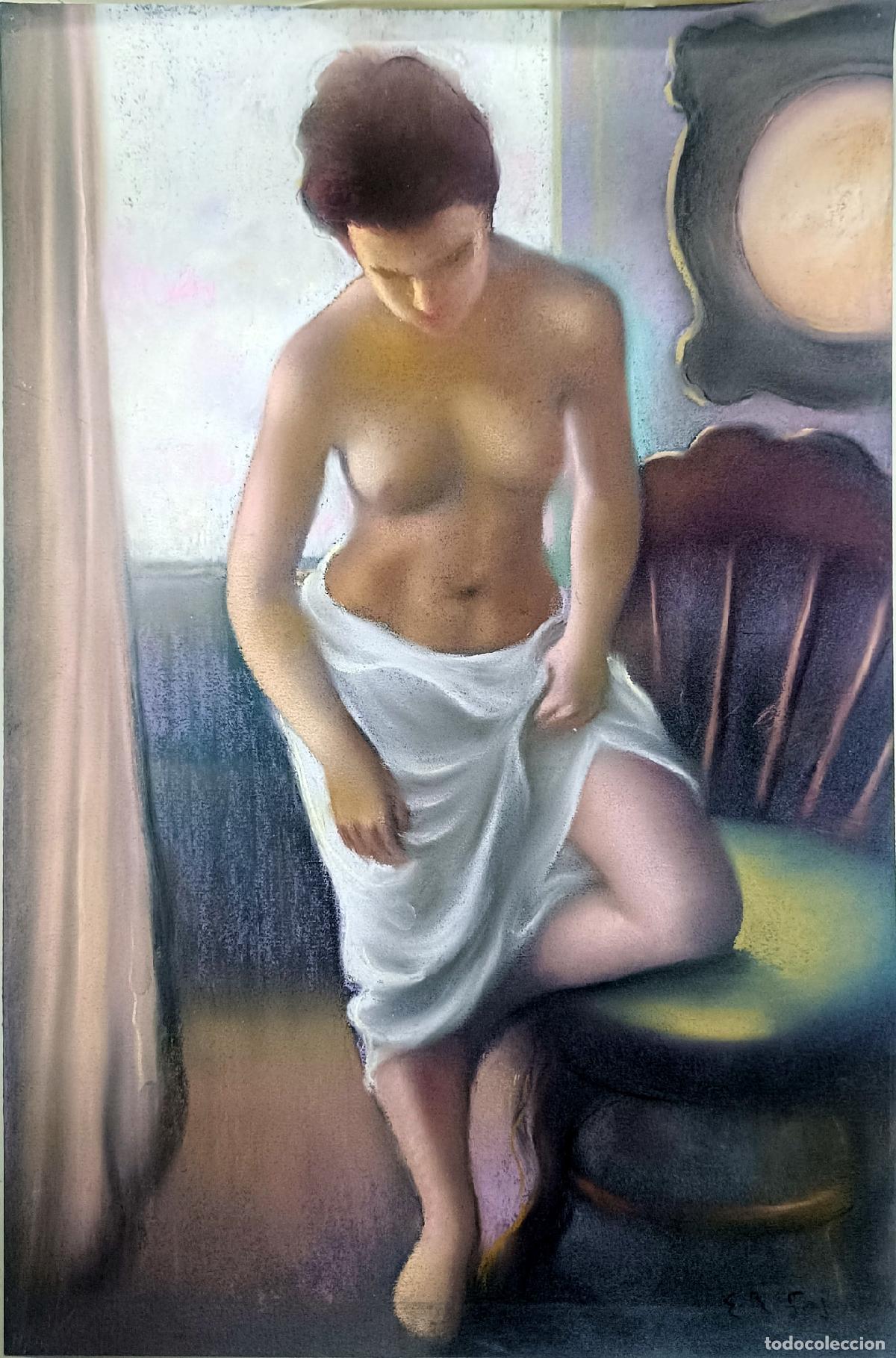 Arte: Pastel de desnudo femenino sentado. Obra de Enric Montserrat Foj. 33x50 cm