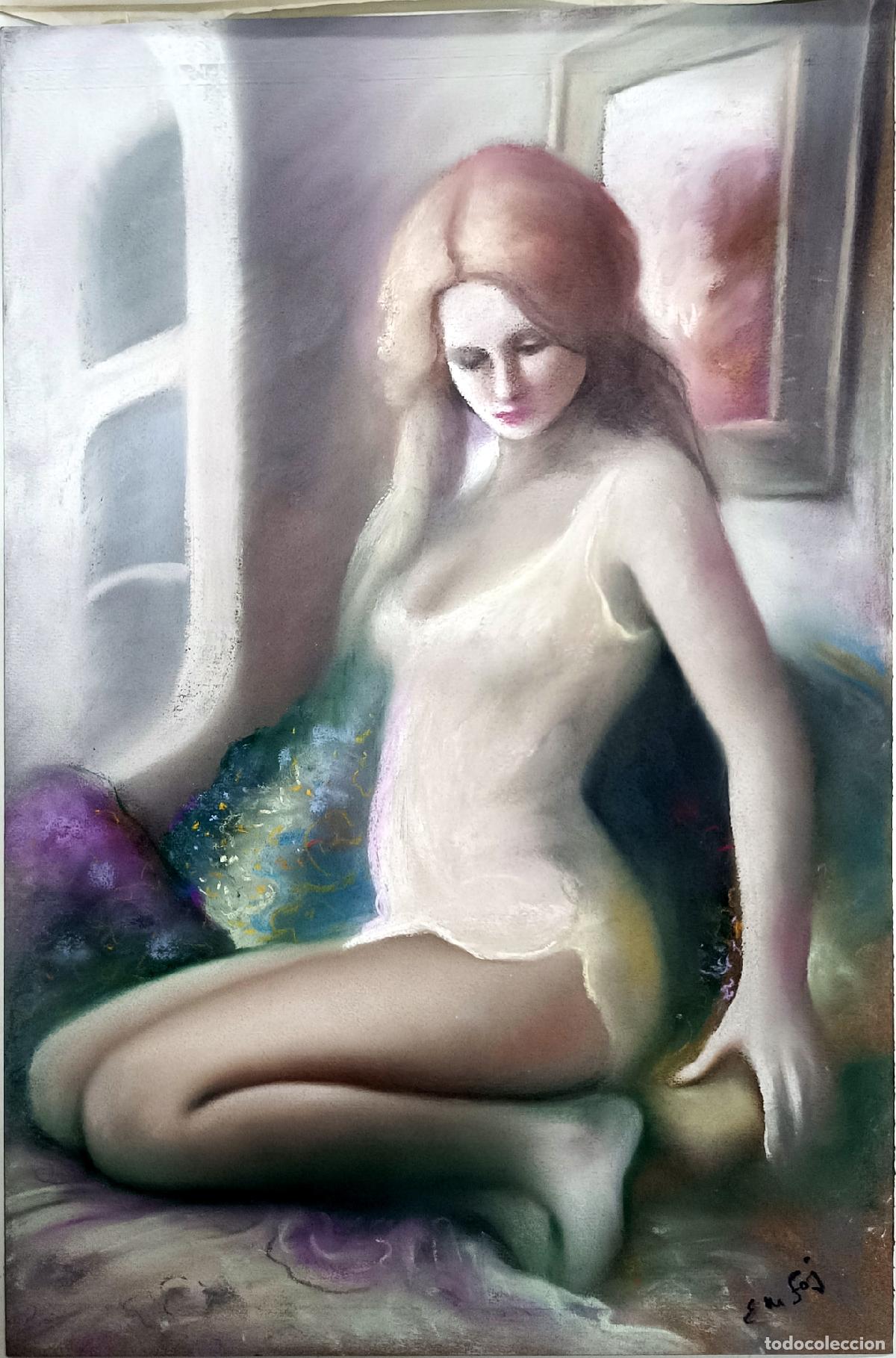 Arte: Pastel de Enric Montserrat Foj. Mujer sentada. 33 x 50 cm