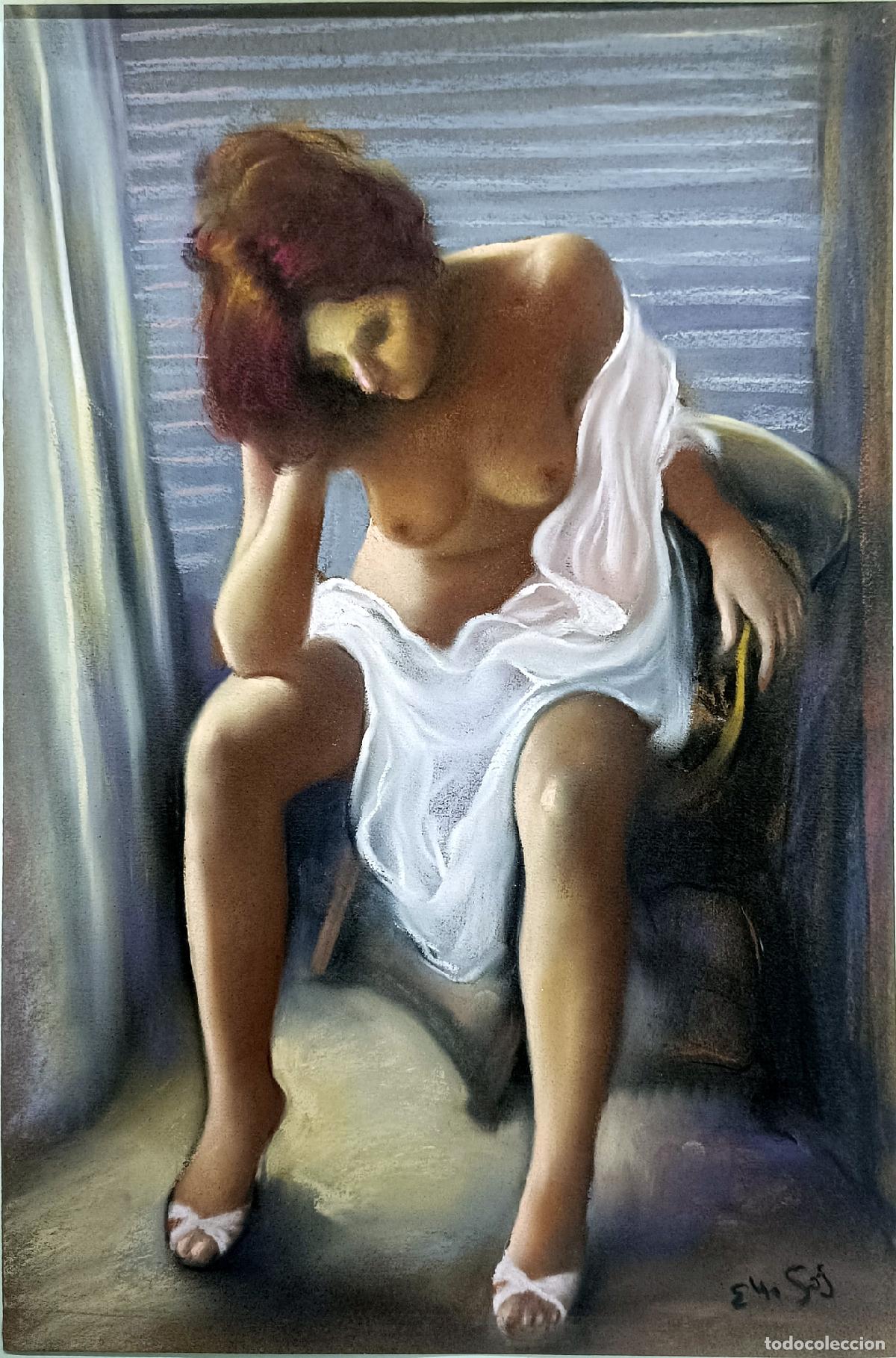 Arte: Pastel. Figura femenina. Enric Montserrat Foj. 33 x 50 cm