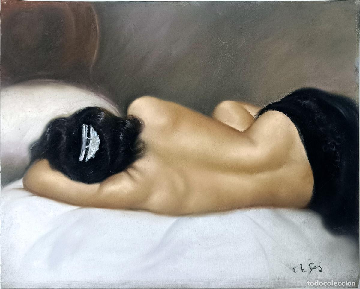 Arte: Pastel. Mujer recostada. Enric Montserrat Foj. 41 x 33 cm
