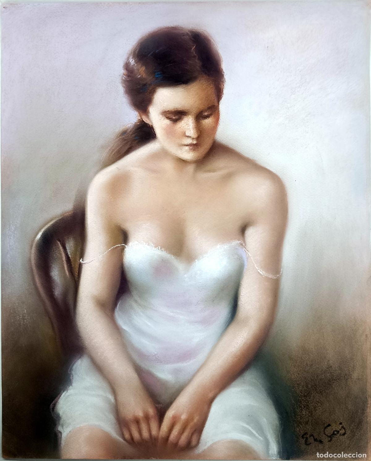 Arte: Pastel. Retrato de mujer. Enric Montserrat Foj. 33 x 41 cm