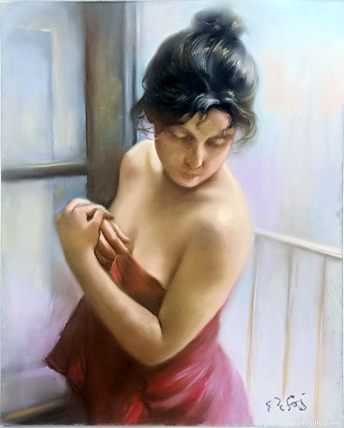 Arte: Pastel de figura femenina de Enric Montserrat Foj. 33 x 41 cm