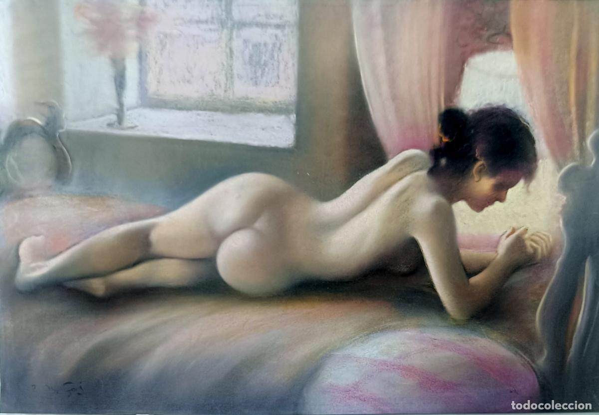 Arte: Pastel. Mujer desnuda recostada. Enric Montserrat Foj. 65x45 cm