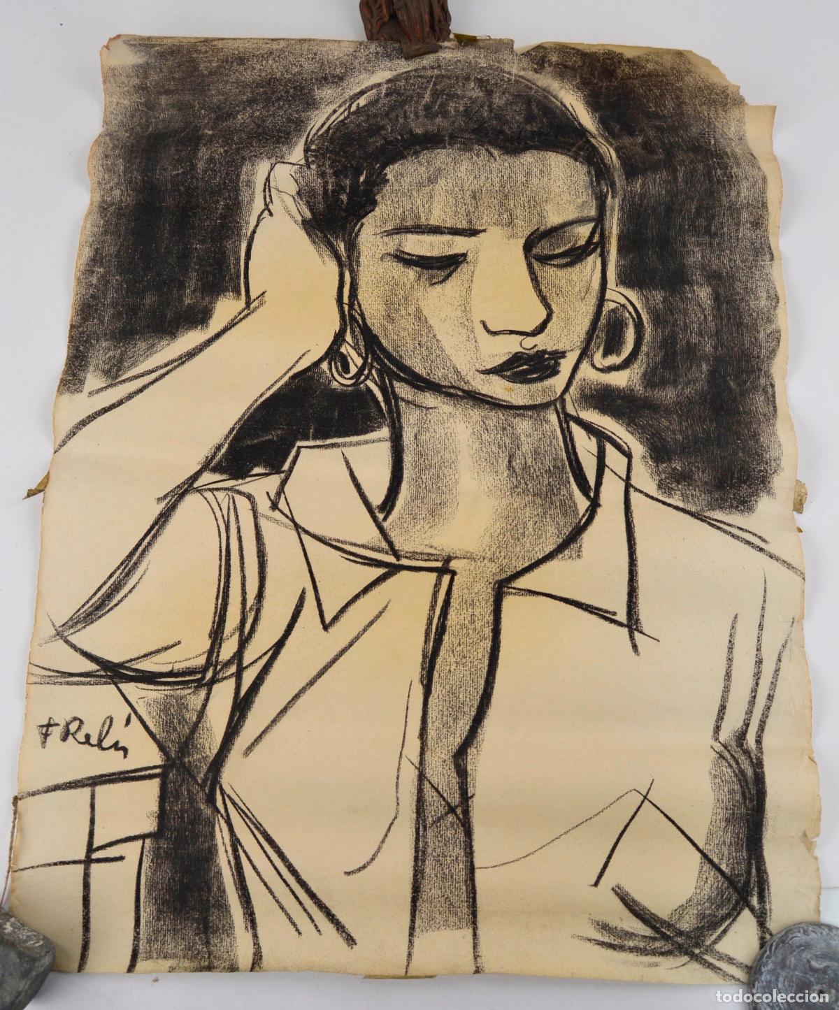 Arte: Retrato de mujer, carboncillo sobre papel, firma ilegible. 63x47cm