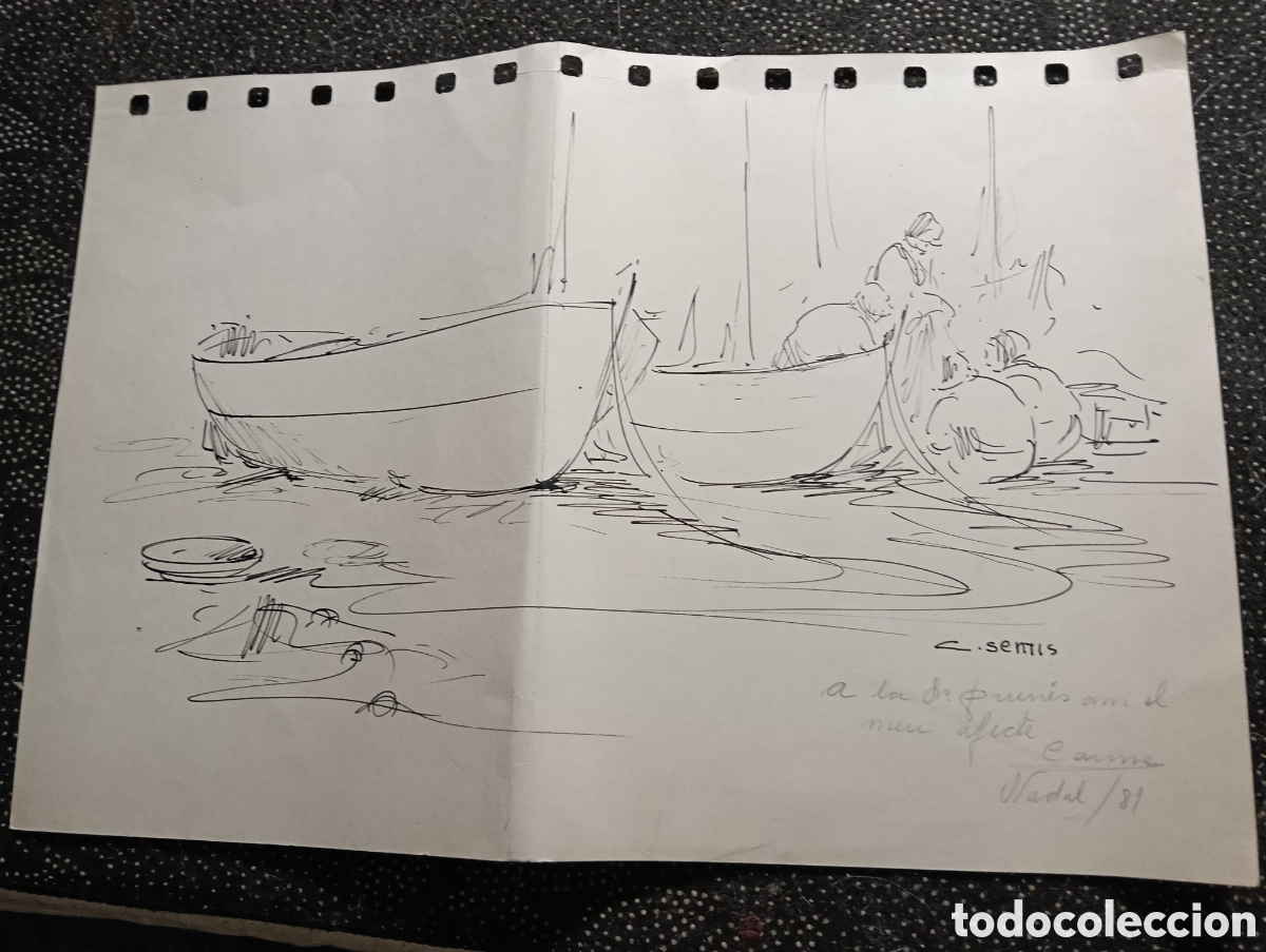 Arte: Boceto original dedicado de Carme Sentis en Navidad de 1981 tama&ntilde;o folio doblado.