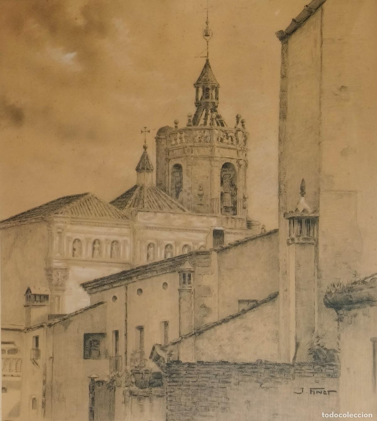 Arte: VISTA DE CAMPANARIO. FIRMADO J. FINET. DIBUJO AL CARB&Oacute;N SOBRE PAPEL. ESPA&Ntilde;A. SIGLO XX.