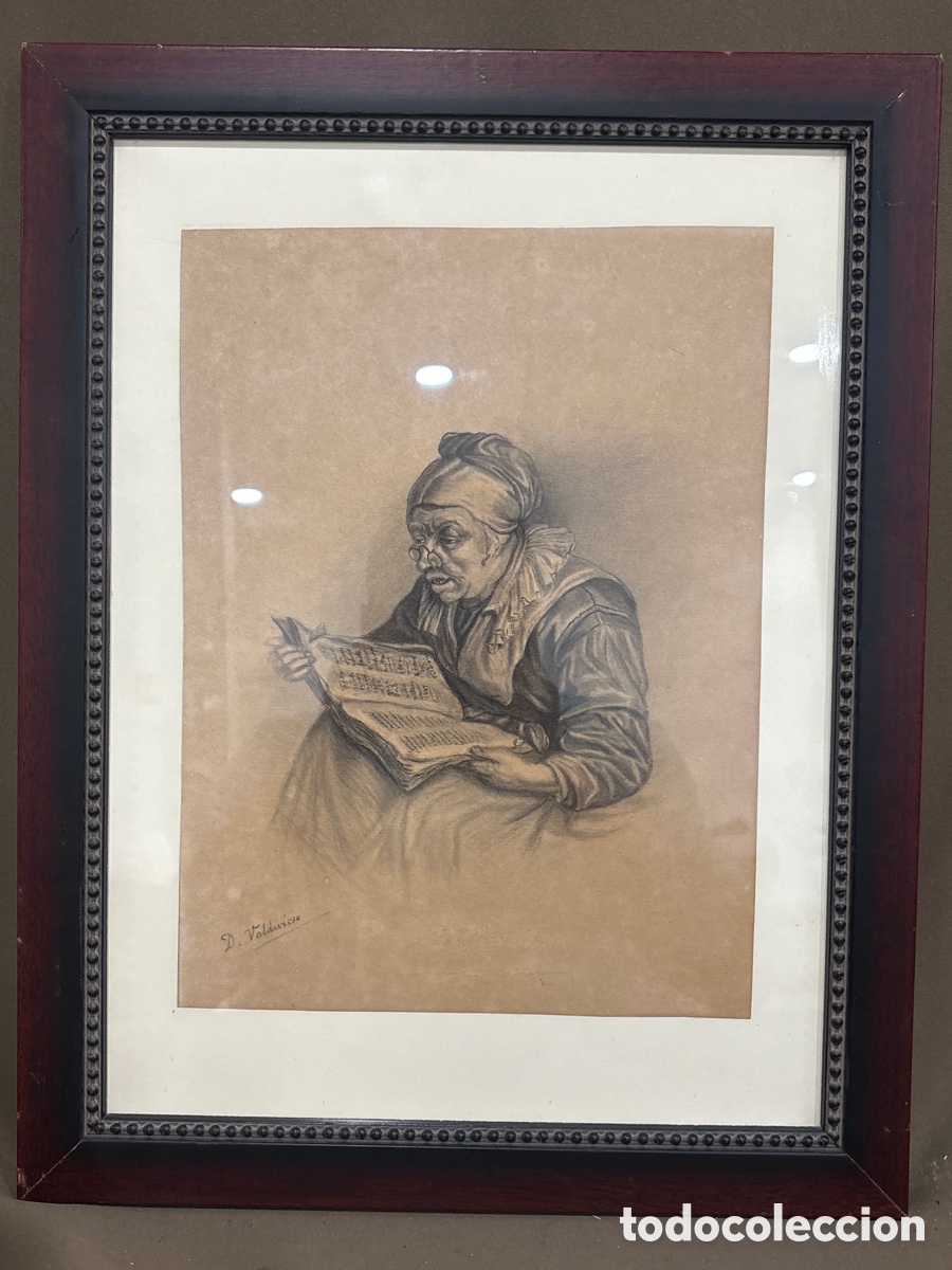 Arte: Antigua pintura siglo XIX,DOMINGO VALDIVIESO,TITULO*LA ABUELA*,dibujo al carboncillo