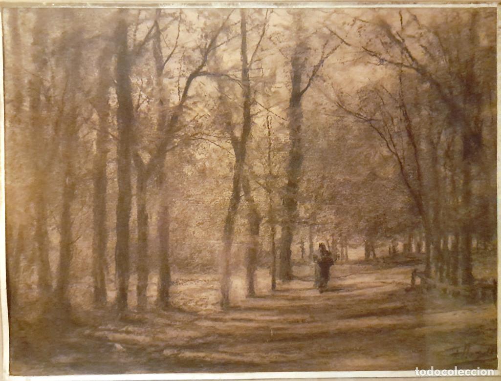Arte: F&Eacute;LIX URGELL&Eacute;S DE TOVAR (atr.) &ndash; Dibujo al carb&oacute;n firmado &ndash; Paisaje arbolado con figura