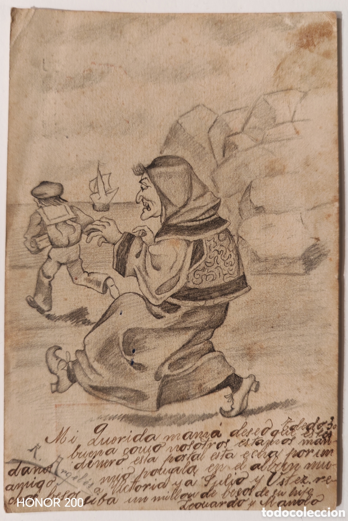 Arte: Dibujo a l&aacute;piz sobre postal - Rafael Argel&eacute;s - Toledo 1907