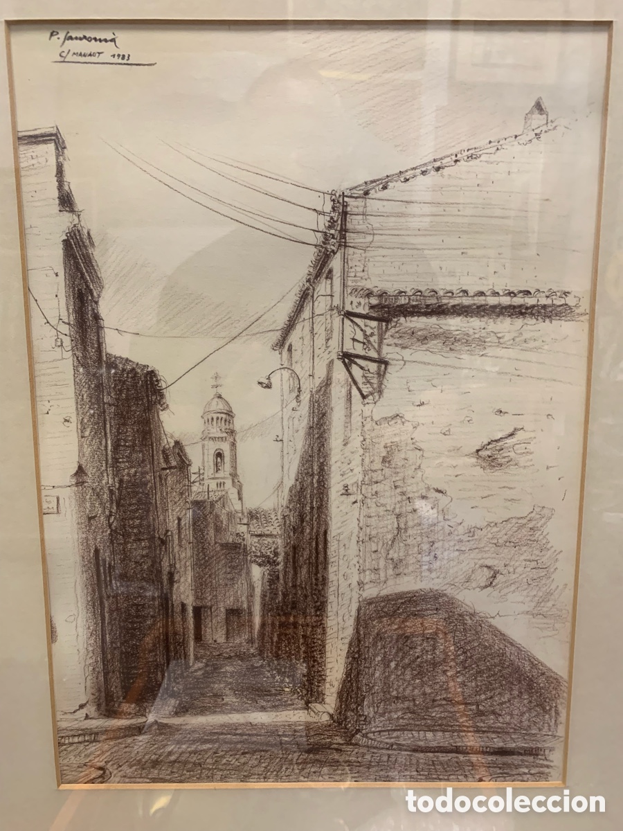 Arte: Pere Sanrom&agrave; 1935, dibujo de Sabadell 1983, 31x43 obra y 52,5x64,5 con marco
