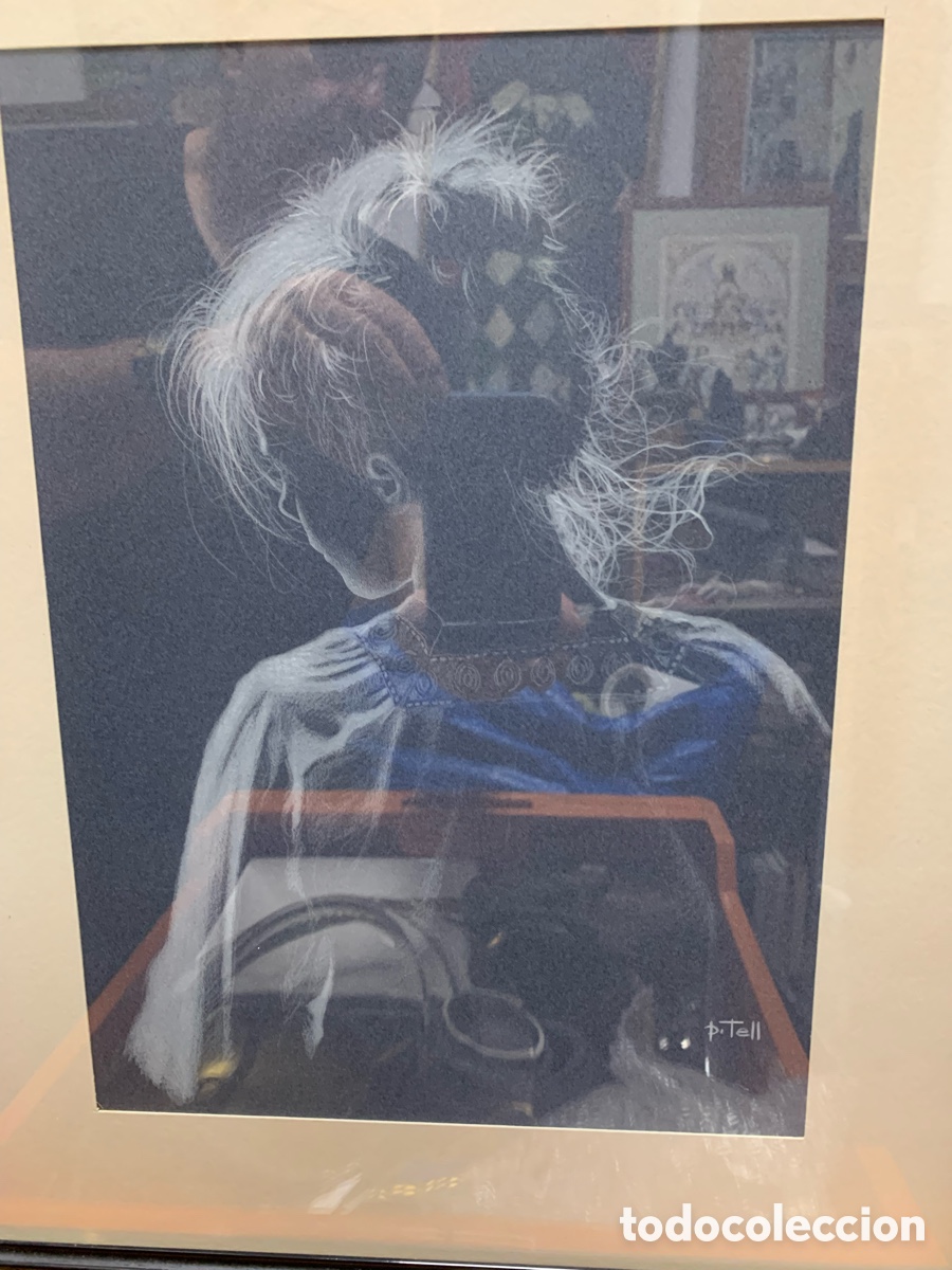 Arte: P. Tell , dibujo de chica, 22x30 obra y 36x44,5 con marco