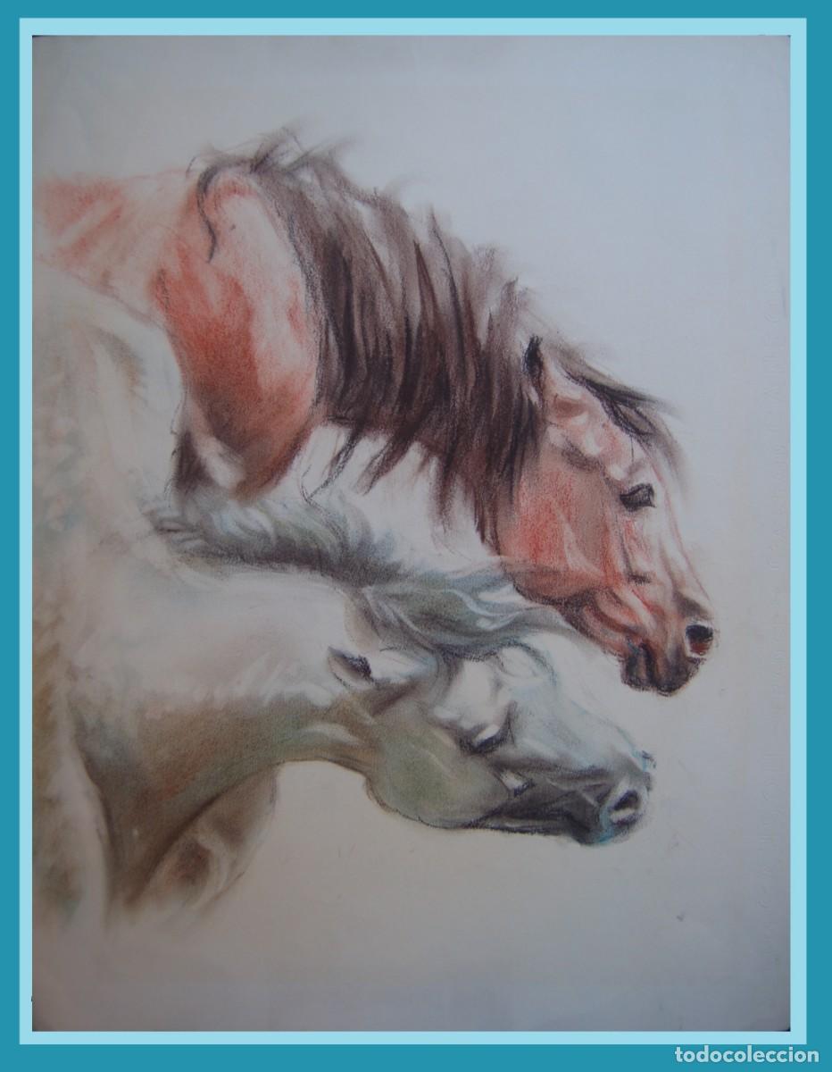 Arte: Pareja de caballos. Pintura al pastel sobre papel. 46 cm x 38 cm.