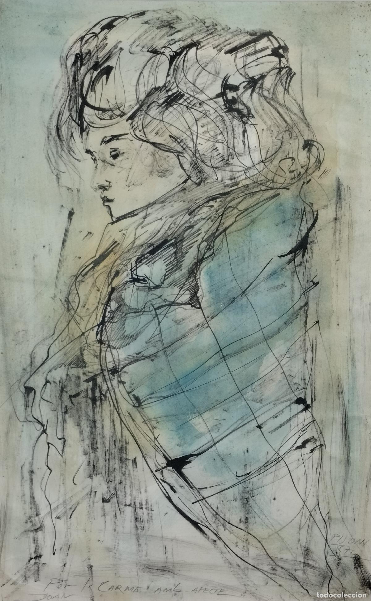 Arte: RETRATO DE PERFIL. JOAN PIJOAN. FIRMADO Y DEDICADO. T&Eacute;CNICA MIXTA SOBRE PAPEL. ESPA&Ntilde;A. 1987