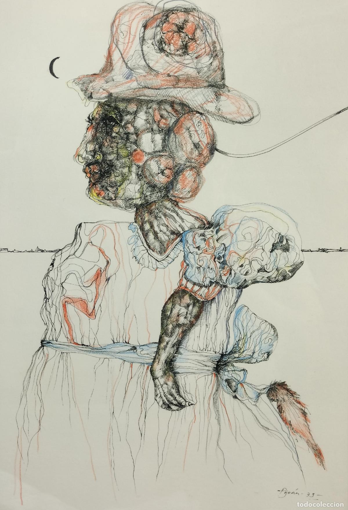 Arte: RETRATO FEMENINO DE ESTILO CARICATURESCO. JOAN PIJOAN. PLUMILLA Y CERAS. ESPA&Ntilde;A. 1979
