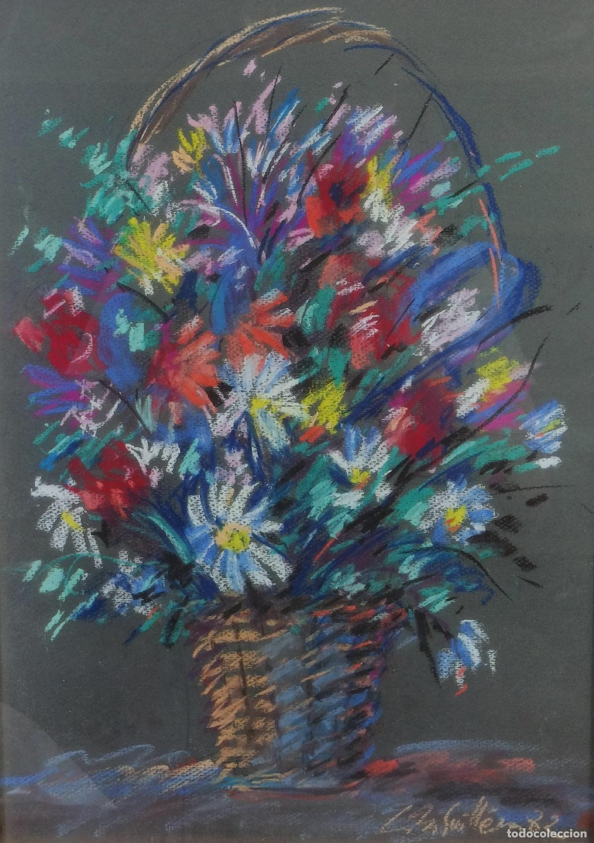 Arte: BODEG&Oacute;N CON FLORES. FIRMADO GUILL&Eacute;N (?). DIBUJO A LA CERA SOBRE PAPEL. ESPA&Ntilde;A. 1982.