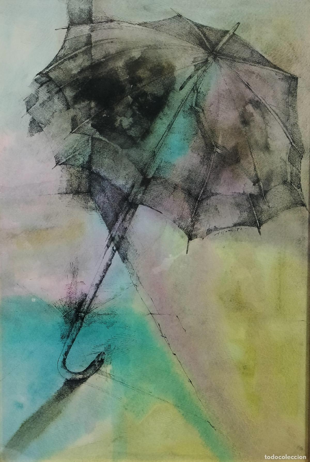 Arte: COMPOSICI&Oacute;N DE PARAGUAS EN ESCORZO. JOAN PIJOAN. MIXTA SOBRE PAPEL. ESPA&Ntilde;A. 1982