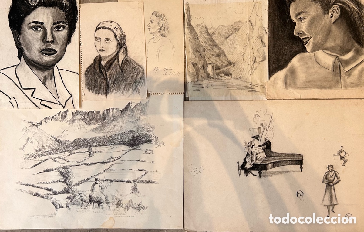 Kunst: Lote de 7 dibujos originales a l&aacute;piz y carboncillo &ndash; retratos, paisajes y estudios, siglo XX