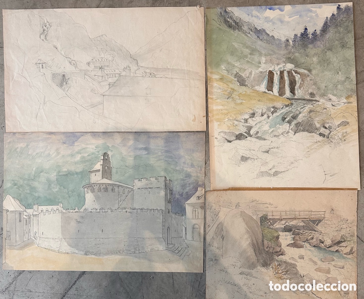 Arte: Lote de 4 dibujos y acuarelas de paisaje y arquitectura &ndash; obra sobre papel, siglo XX