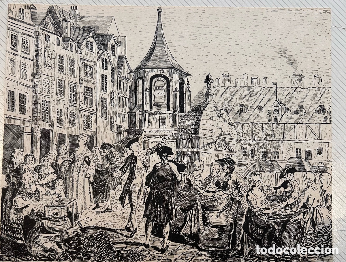 Arte: Escena de mercado en ciudad francesa &ndash; reproducci&oacute;n gr&aacute;fica hist&oacute;rica, 24 x 30 cm