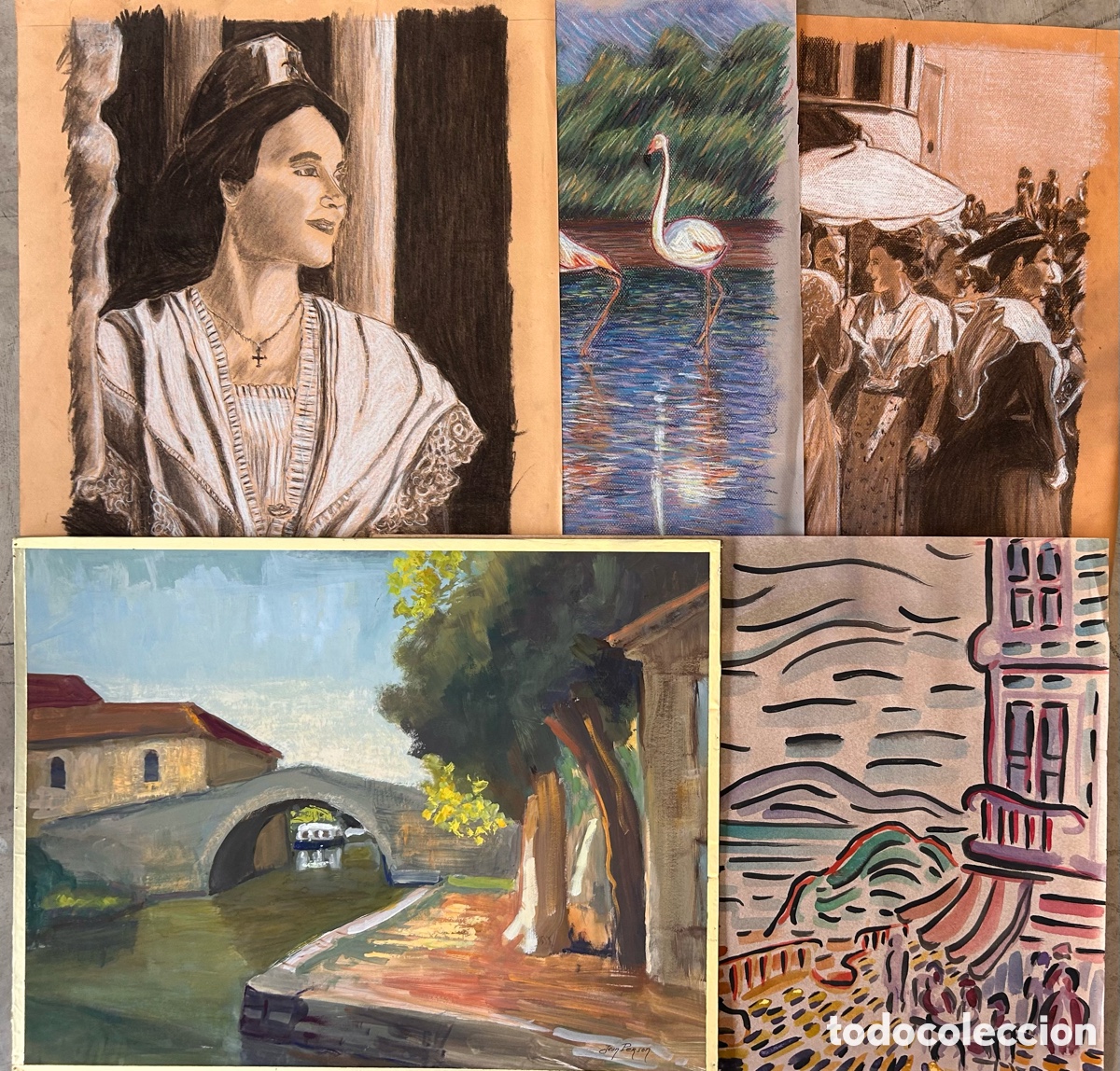 Arte: Lote de cuatro dibujos y pinturas firmadas &ndash; 65 &times; 50 cm
